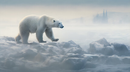 Naklejka na ściany i meble In the vast expanse of the Arctic tundra, a solitary Polar Bear traverses the icy terrain, its pure white fur blending seamlessly with the snow-covered landscape.