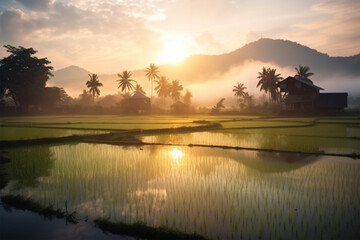 Fototapeta na wymiar sunset view over the rice fields