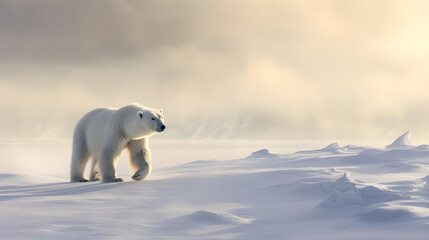 Fototapeta na wymiar In the vast expanse of the Arctic tundra, a solitary Polar Bear traverses the icy terrain, its pure white fur blending seamlessly with the snow-covered landscape.