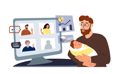 Young Business man in maternity leave leading financial business videocall with colleagues in zoom.Father Freelancer with newborn,Working Remotely at Home.Child Care Decree.Seminar Conference.Vector