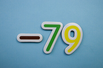 Colorful number -79, superimposed on a blue background.