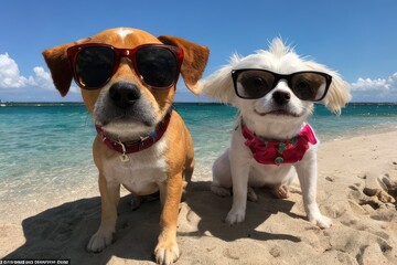 two dogs wearing sunglasses on the beach, generative ai
