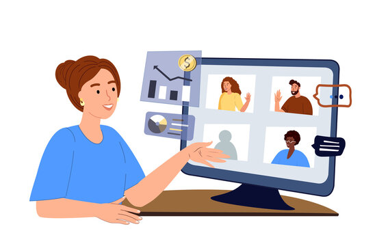 Young Business woman leading planning meeting with team online.Financial business videocall with colleagues in zoom.Manager Freelancer Working Remotely .Seminar Conference.Flat Vector Illustration