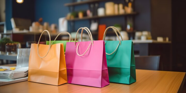 AI Generated. AI Generative. Sale marketing promotion shopping bags on table. Vibrant colors package. Graphic Art