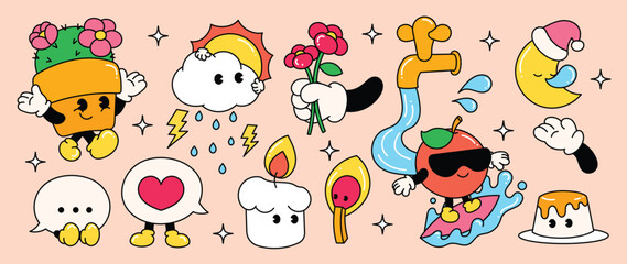 Set of 70s groovy element vector. Collection of cartoon characters, doodle smile face, flower, sun,speech bubbles, orange, cactus, moon. Cute retro groovy hippie design for decorative, sticker.