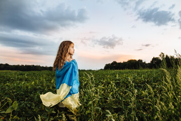 A beautiful girl in a soybean field poses with a yellow-blue flag of Ukraine at sunset. The child looks into the distance against the background of a blue cloudy sky and green nature.