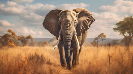 Naklejka na ściany i meble A majestic African elephant standing in a sunlit savannah, showcasing its enormous tusks. Vulnerability of this endangered species