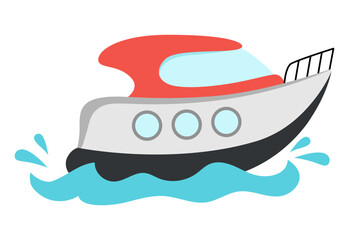 Vector speedboat with waves and splashes. Water transport icon. Funny nautical transportation boat clipart for kids. Cute marine vehicle icon isolated on white background for children.