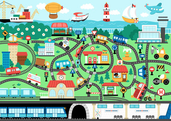 City transport map. Background with land, underground, water and air transport. Vector infographic elements with train, cars, tram, truck. Urban plan with airport, seaport, metro for kids.