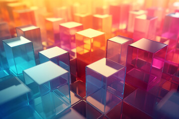 Obraz premium Colorful glass cubes illuminated with light and reflects colorful light. Glass cube geometric shapes with light diffraction of spectrum colors and complex reflection background. Generative AI