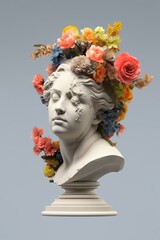 Marble statue head of a female with flowers. - obrazy, fototapety, plakaty