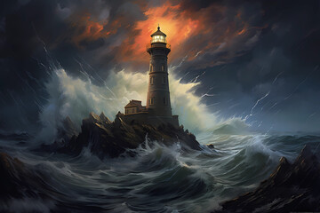 Solitary Lighthouse in Thunderous Seascape