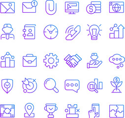 Business pixel perfect gradient linear vector icons set. Commerce and finance. Digitalization and innovations. Thin line contour symbol designs bundle. Isolated outline illustrations collection
