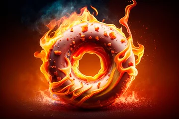 Foto op Plexiglas Weight management concept. Generative AI. Fiery donut melts from the fire. National Donut Day or Fat Thursday. Weight loss and calorie burning. Diet and healthy eating. © Yuliia