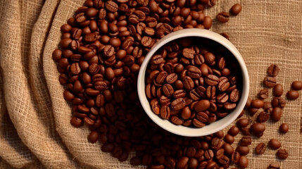 Top view of Cup of coffee and coffee beans in a sack on dark background. Generative AI