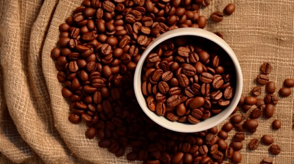 Fototapeta premium Top view of Cup of coffee and coffee beans in a sack on dark background. Generative AI