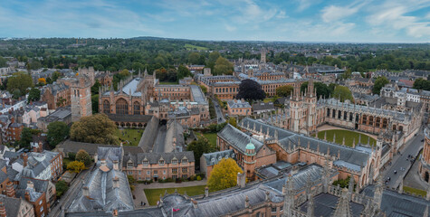 Aerial view over the city of Oxford with Oxford University and other medieval buildings. Travel photography concept.