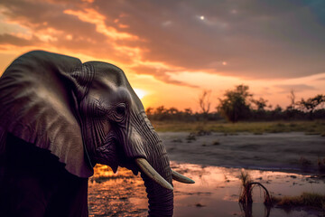 Majestic Wilderness: A Breathtaking Portrait of an African Elephant Against the Setting Sun, ai generative