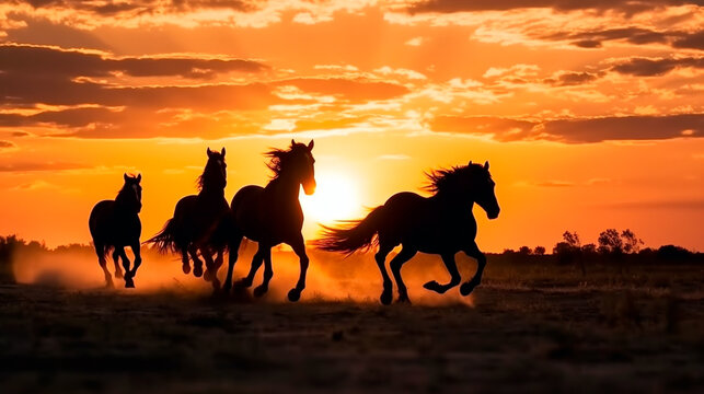 Wide - angle photo portrait silhouette of horses running on plains, the sun is setting, silhouette of running stallions, wild horses running, dusk and sunse. Generative AI