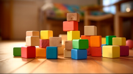Wooden toy blocks on wooden table in the Children's room. Generative AI - obrazy, fototapety, plakaty