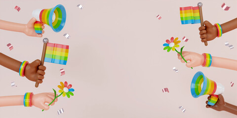 Obraz premium 3d Pride festive banner background with multi ethnic hands, flags, megaphones and copy space for LGBTQIA+ Pride month, love diversity celebration and the fight for human rights in 3D illustration.