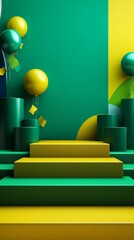 A green and yellow background with display podium to promote products and services. Brazil soccer showcase. Generative AI