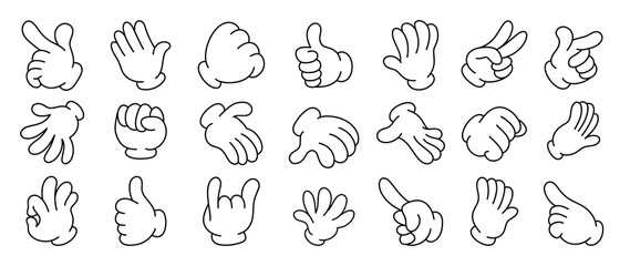 Set of 70s groovy comic hand vector. Collection of cartoon character hands, in different poses, okay, pointing, victory sign, high five. Cute retro groovy hippie illustration for decorative, sticker.