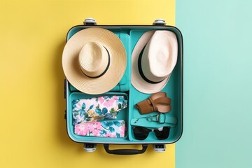Suitcase with hat, sunglasses and other summer objects ready for holidays. Travel concept