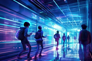 Energetic school kids racing down a futuristic, neon corridor with motion blur
