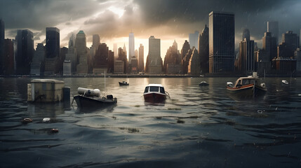 Obraz premium An urban cityscape flooded with rising sea levels, skyscrapers partially submerged in murky water. Boats navigate the flooded streets.