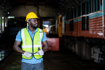 Portrait of African male railway engineer standing confidently with green safety suit and helmet. Workers working at heavy machinery at industrial plant.