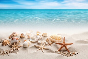 Fototapeta na wymiar Seashells and starfish on the sand at a tropical beach with clear sky