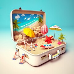 Suitcase with landmarks in it and other holiday stuff in a blue background. Travel concept