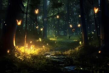 Many small fireflies in the dark magical forest Generative AI