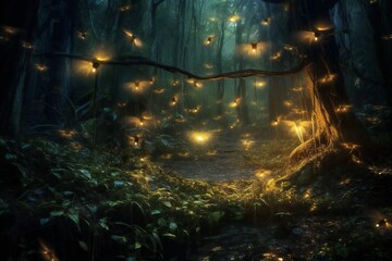 Many small fireflies in the dark magical forest Generative AI