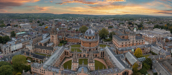 Aerial view over the city of Oxford with Oxford University. Radcliffe Camera and All Souls College,...