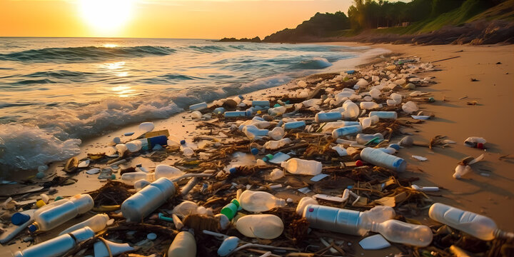 A polluted coastline with trash strewn across the sand and plastic bottles floating in the polluted water