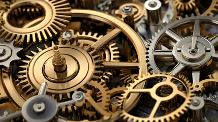 macro close-up of clock gears with gold center, finely crafted mechanical timepiece design, vintage and industrial concept, generative AI