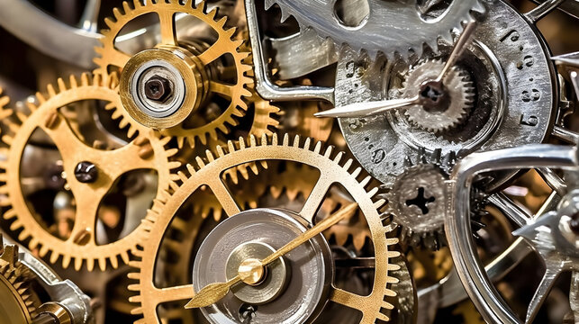 intricate clock gears and wheels, detailed close-up photography, black background, abstract design, generative AI