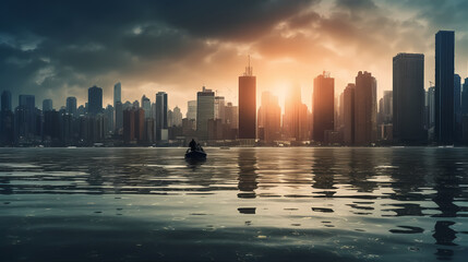 A coastal city engulfed by rising sea levels, with submerged buildings
