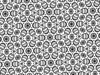 Easter decorative pattern with eggs and flowers black outline