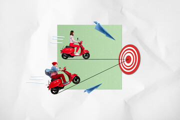 Artwork collage picture of two people drive scooter darts board target flying paper airplane isolated on paper background