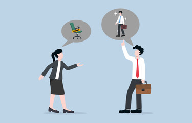 Suggesting person for job vacancy, looking for skilled worker base on connection, right person for right job concept, Businessman recommending talented guy for company vacancy of female friend. 