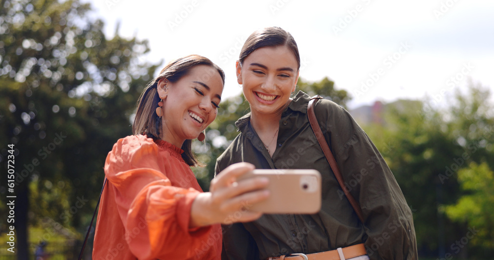 Poster friends and selfie in city with smile, peace sign and funny face with kiss, tongue and outdoor. Girl, women and street in metro for social media, photography or profile picture in park