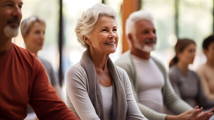 yoga class with a group of elderly people learning new poses and exercising mindfulness and positivity