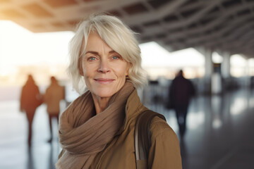 Image of elegant mature blonde woman at airport terminal
