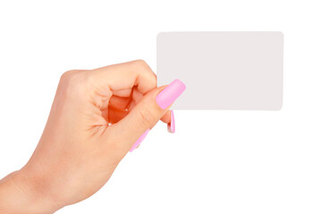 Female hand with a blank card isolated on white background.