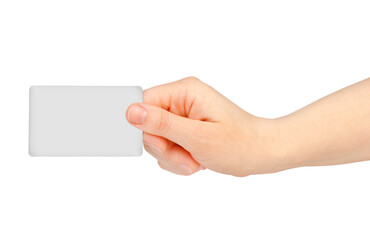 Hand holds business card on white background.