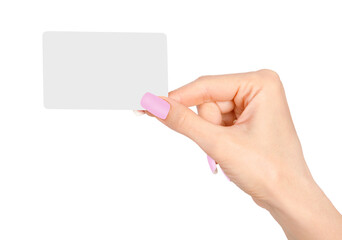 Female hand with a blank card isolated on white background.