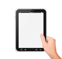 Men hand hold a tablet touch computer gadget with isolated on white background.